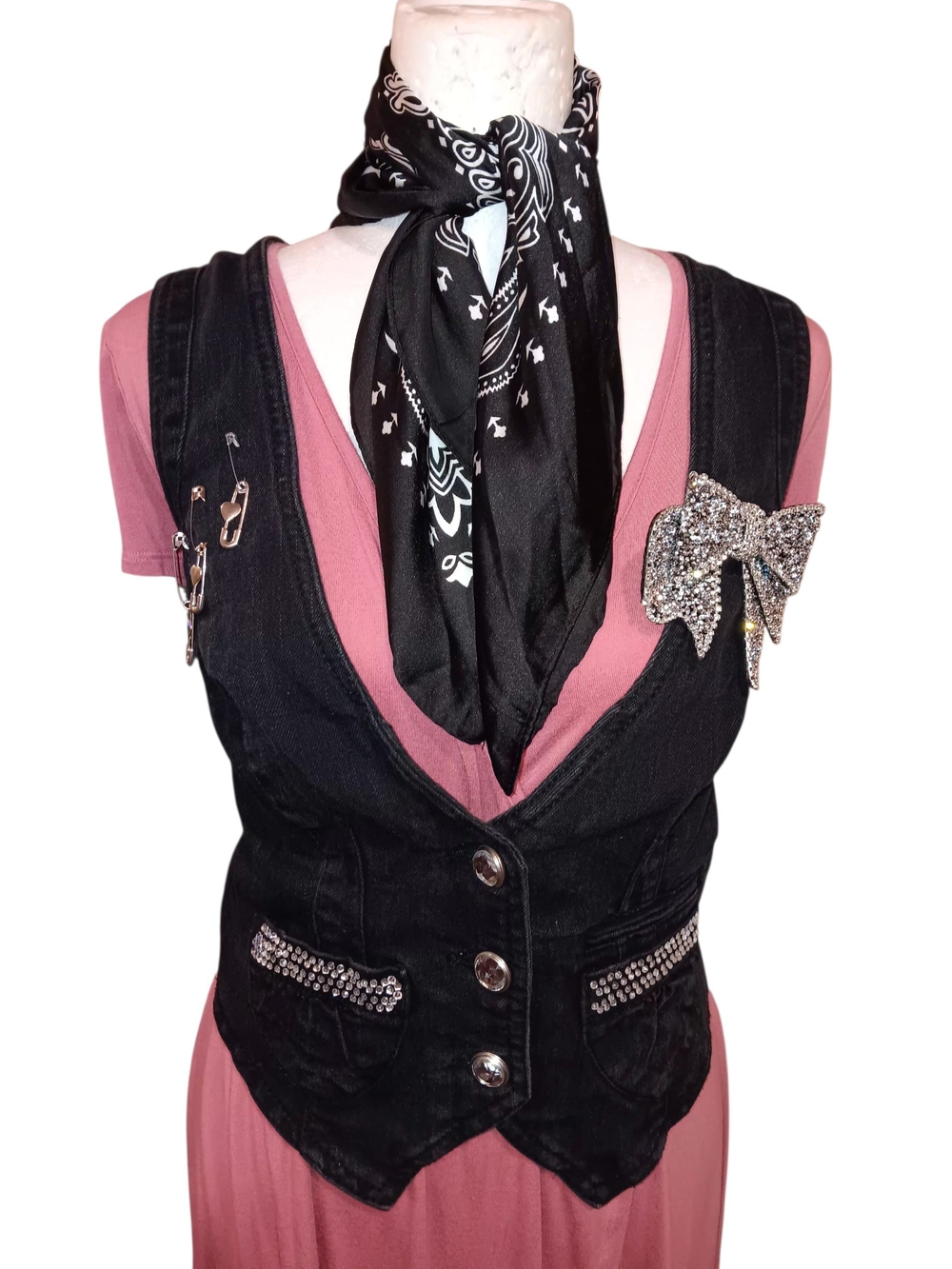 Black Denim Rhinestone Button Vest with Decorative Pins